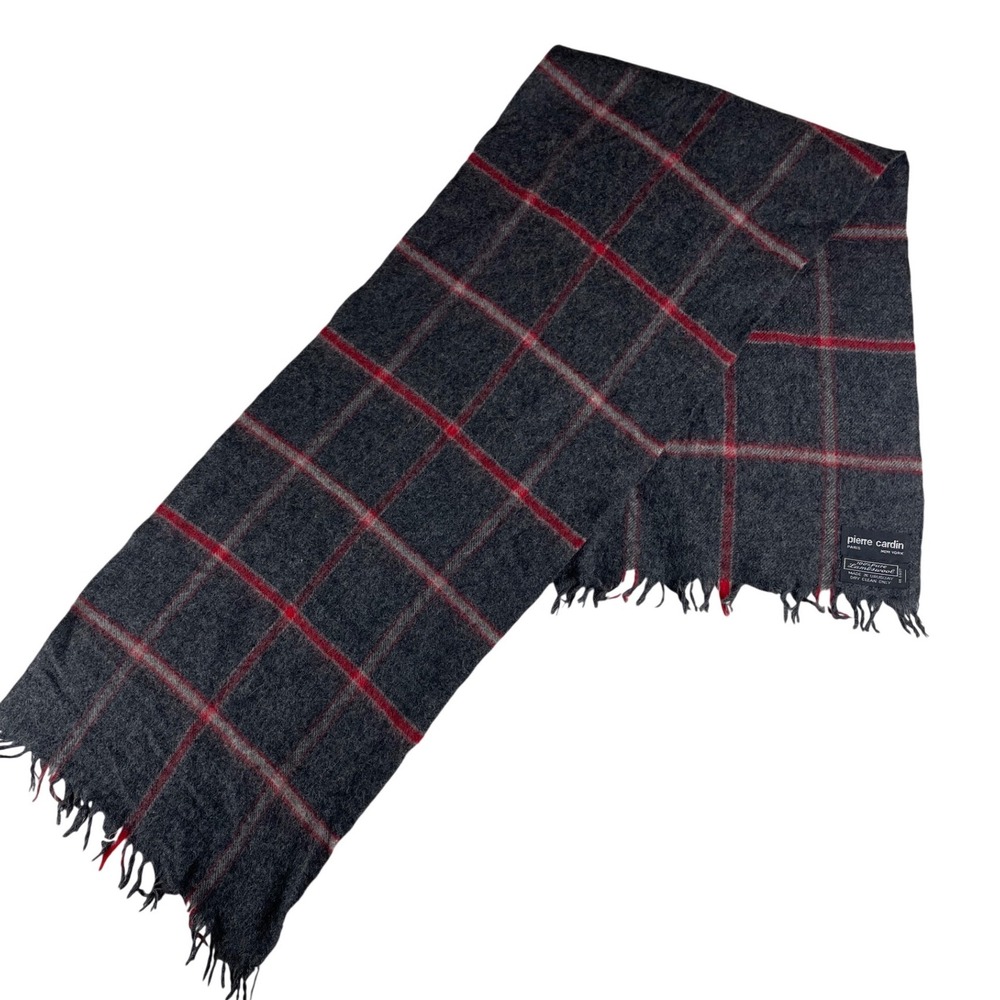 Pierre Cardin Scarf Vintage 100% Lambswool Grey Red Plaid Fringed Uruguay